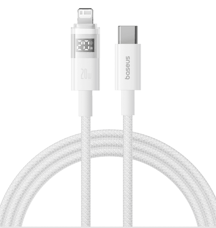 Braided charging cable with Lightning and USB-C connectors.