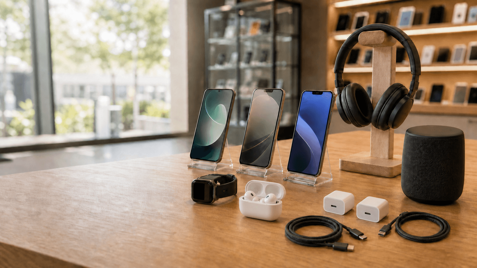 Headphones and mobile accessories on a store counter.