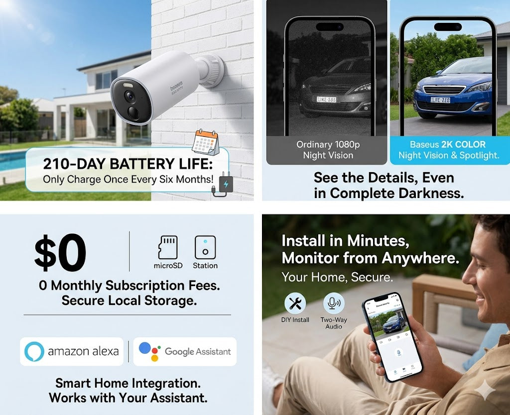 Baseus B1 2K Wireless Outdoor Security Camera (210-Day Battery Life & Color Night Vision)